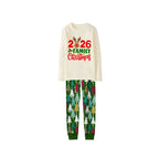 2026 Reindeer Family Christmas Family Pajamas Set - Cream Top / Green Tree Print Pants / Green Tree Print Sleeves