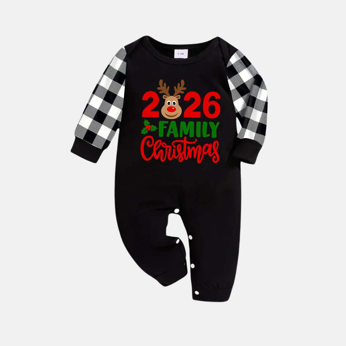 "2026 Family Christmas" Moose Letter Print Black Long Sleeve Top with Black And White Plaid Pants Family Matching Pajamas