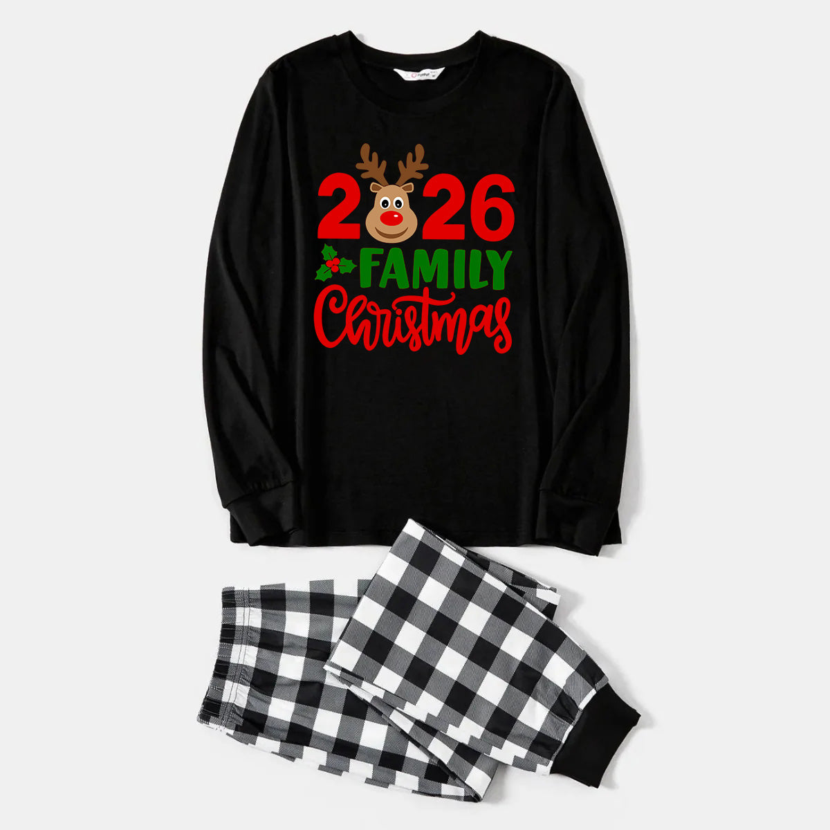 "2026 Family Christmas" Moose Letter Print Black Long Sleeve Top with Black And White Plaid Pants Family Matching Pajamas