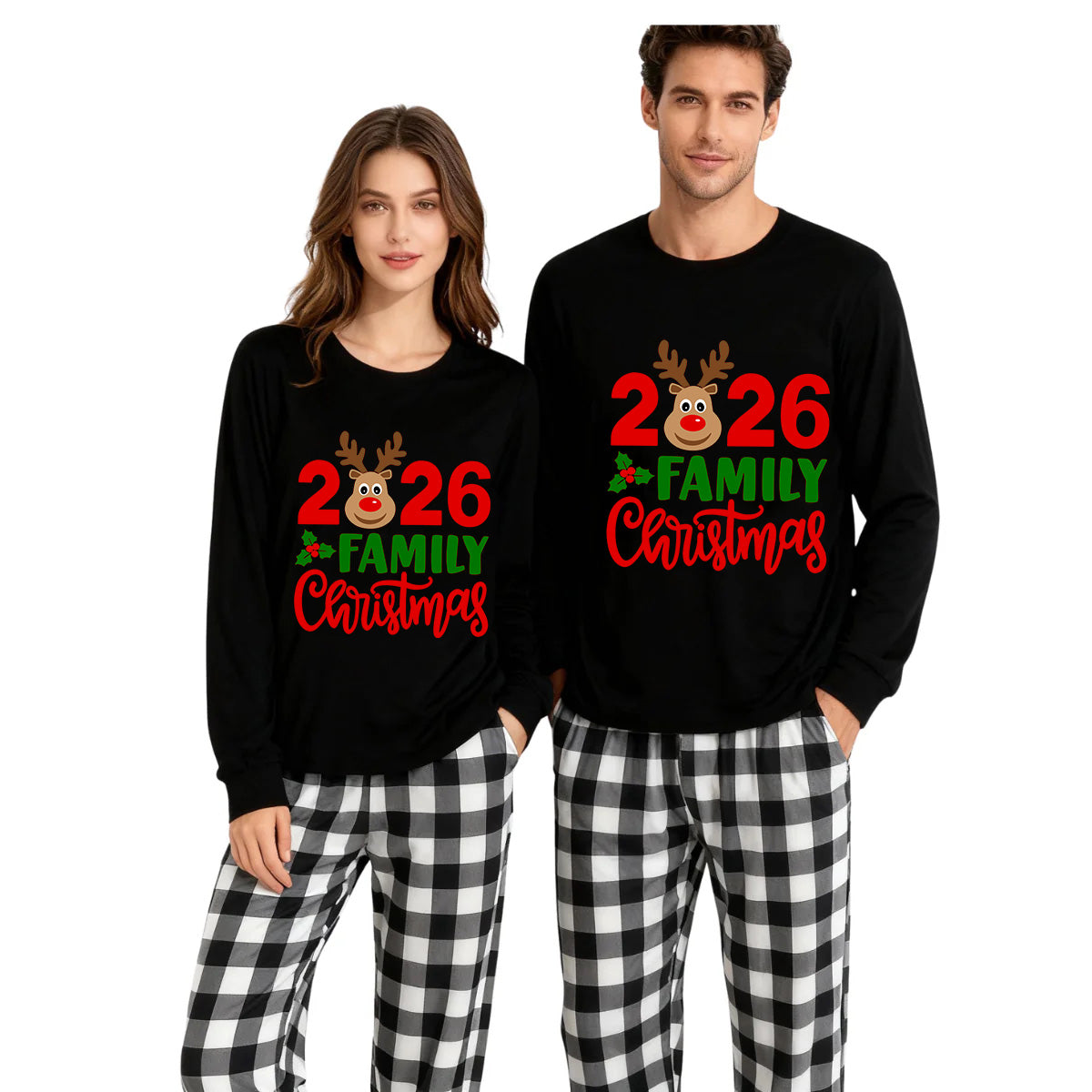 "2026 Family Christmas" Moose Letter Print Black Long Sleeve Top with Black And White Plaid Pants Family Matching Pajamas
