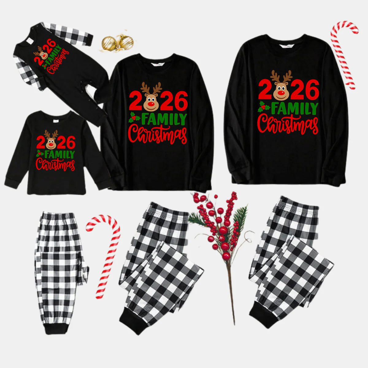 "2026 Family Christmas" Moose Letter Print Black Long Sleeve Top with Black And White Plaid Pants Family Matching Pajamas