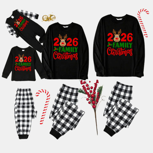 "2026 Family Christmas" Moose Letter Print Black Long Sleeve Top with Black And White Plaid Pants Family Matching Pajamas
