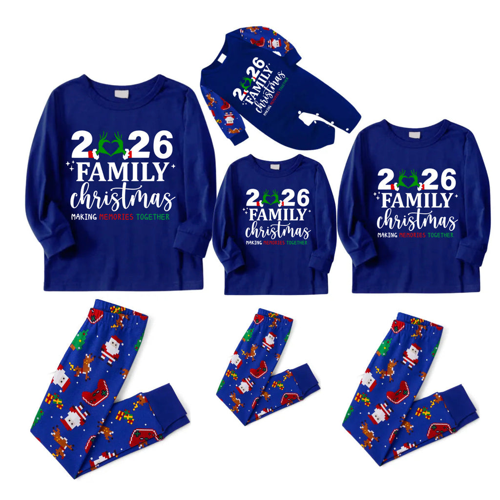 2026 Making Memories Family Christmas Family Pajamas Set - Blue Top / Santa Reindeer Print Pants / Santa Reindeer Print Sleeves