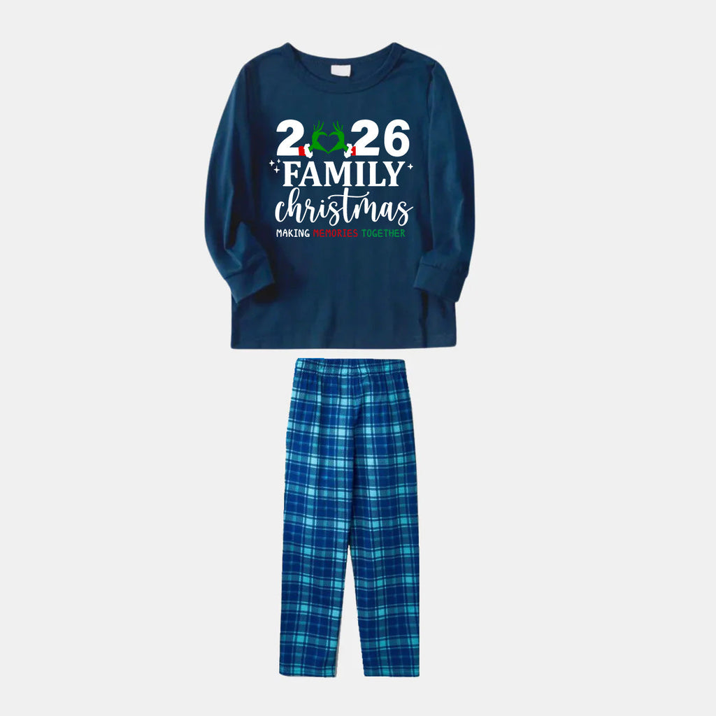 "2026 Family Christmas" Quirky Heart Letter Print Blue Long Sleeve Top With Blue Plaid Family Matching Pajamas
