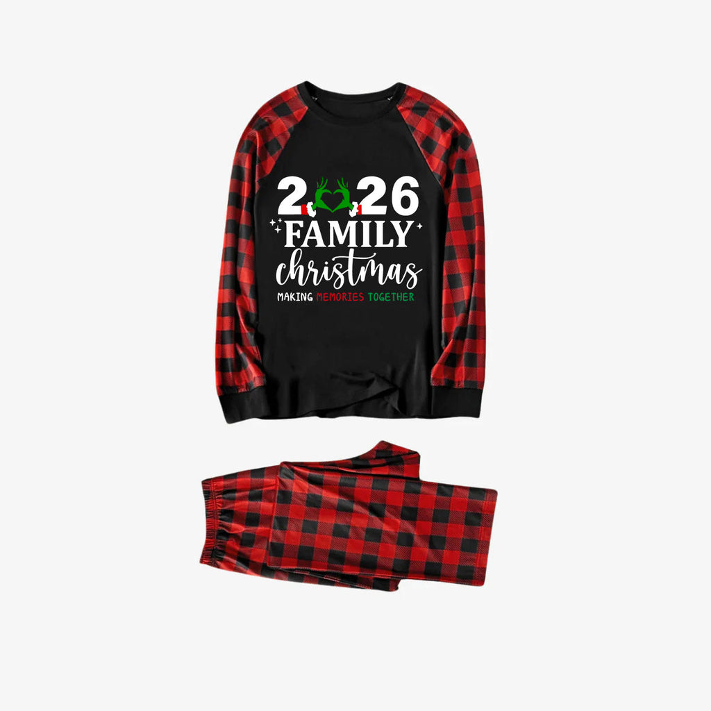 "2026 Family Christmas" Quirky Heart Letter Print Black & Red Plaid Family Matching Black Pajamas