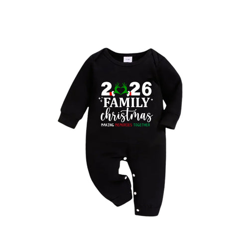 "2026 Family Christmas" Letter And Heart Pattern Black Long Sleeve Top