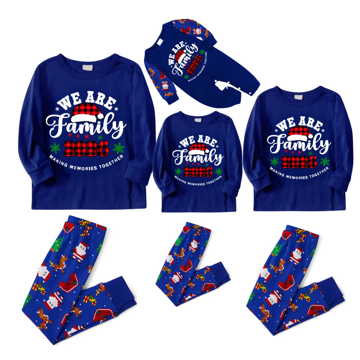 2026 We Are Family Christmas Family Pajamas Set - Blue Top / Blue Santa Print Pants / Blue Santa Print Sleeves