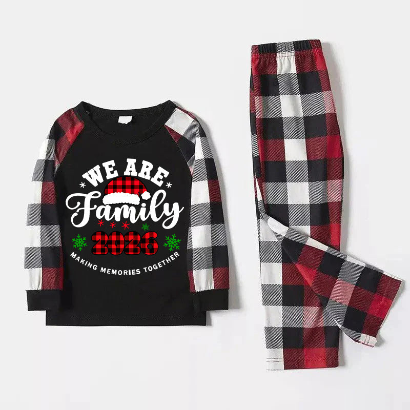 "We are Family2026" Santa Hat Monogram Print Letter Red & Black & Grey & White Plaid Family Matching Pajamas