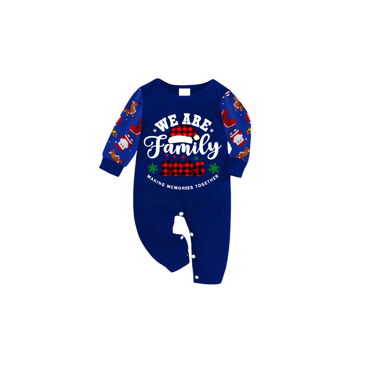 2026 We Are Family Christmas Family Pajamas Set - Blue Top / Blue Santa Print Pants / Blue Santa Print Sleeves