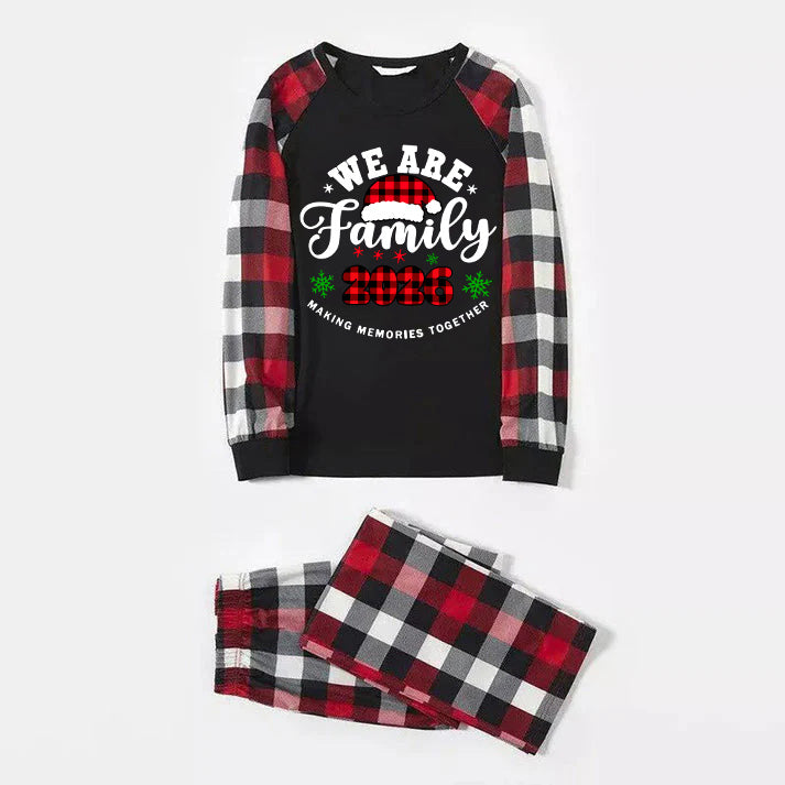 "We are Family2026" Santa Hat Monogram Print Letter Red & Black & Grey & White Plaid Family Matching Pajamas