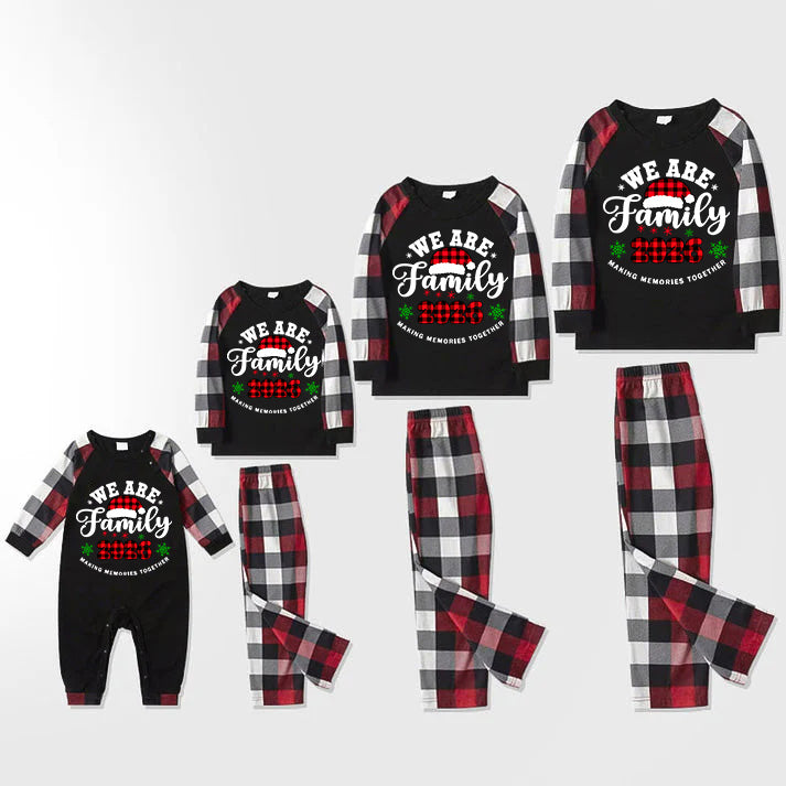 "We are Family2026" Santa Hat Monogram Print Letter Red & Black & Grey & White Plaid Family Matching Pajamas