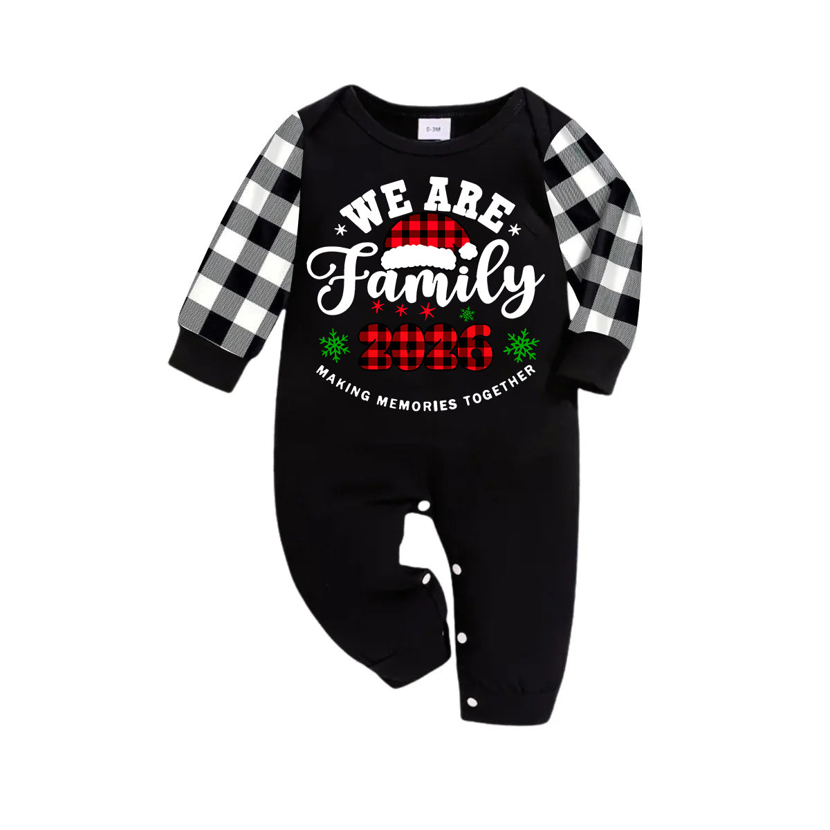 "We are Family2026" Santa Hat Monogram Print Black Long Sleeve Top with Black And White Plaid Pants Family Matching Pajamas