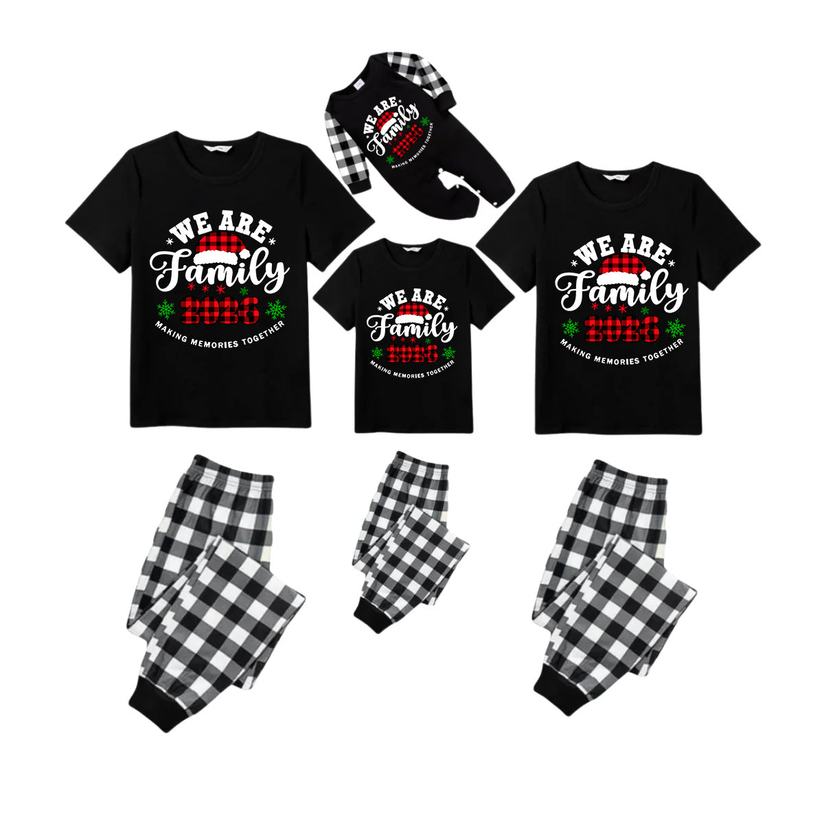 2026 Merry Christmas Family Pajamas Set - Black Top Black and White Plaid Pants White Text Graphic