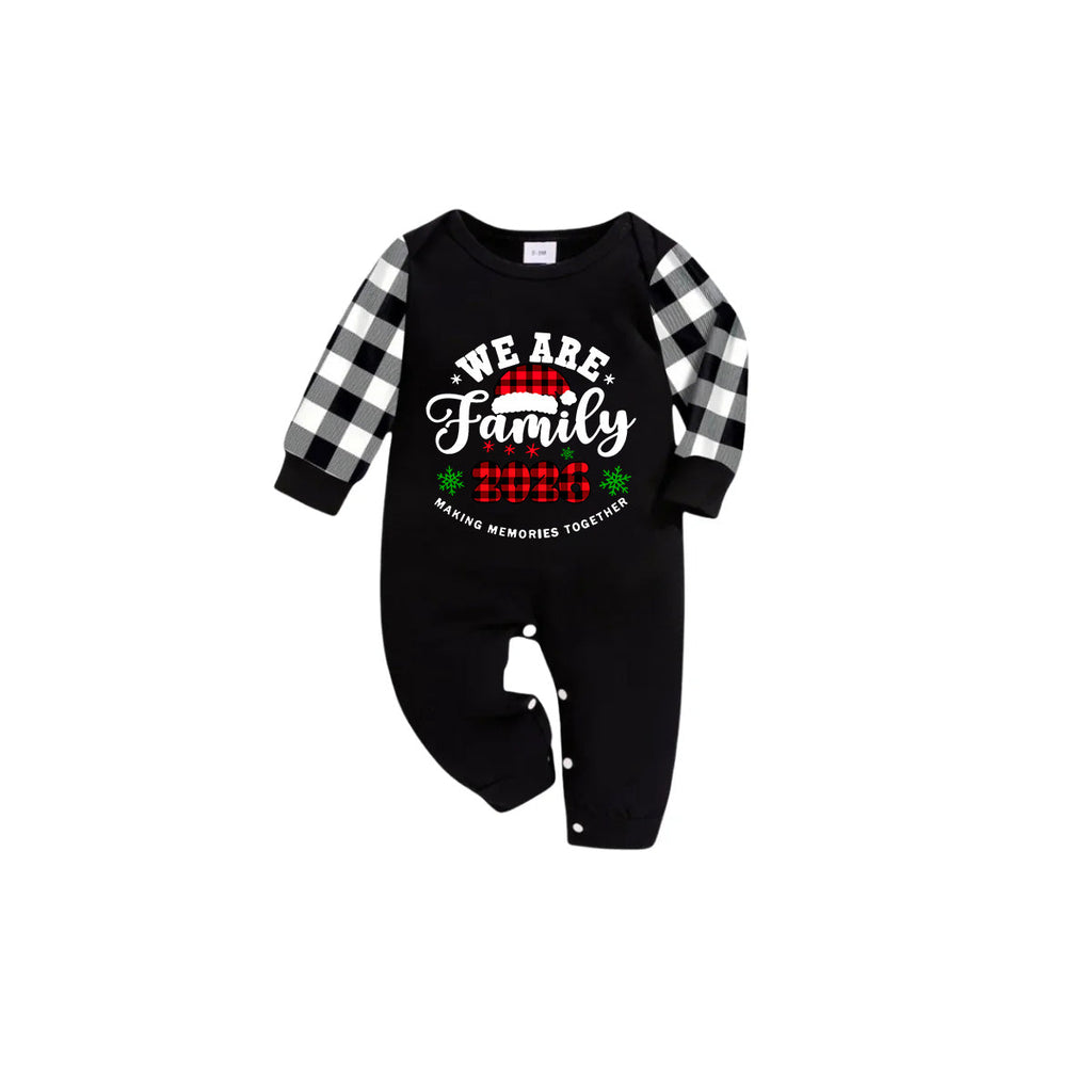 2026 Merry Christmas Family Pajamas Set - Black Top Black and White Plaid Pants White Text Graphic