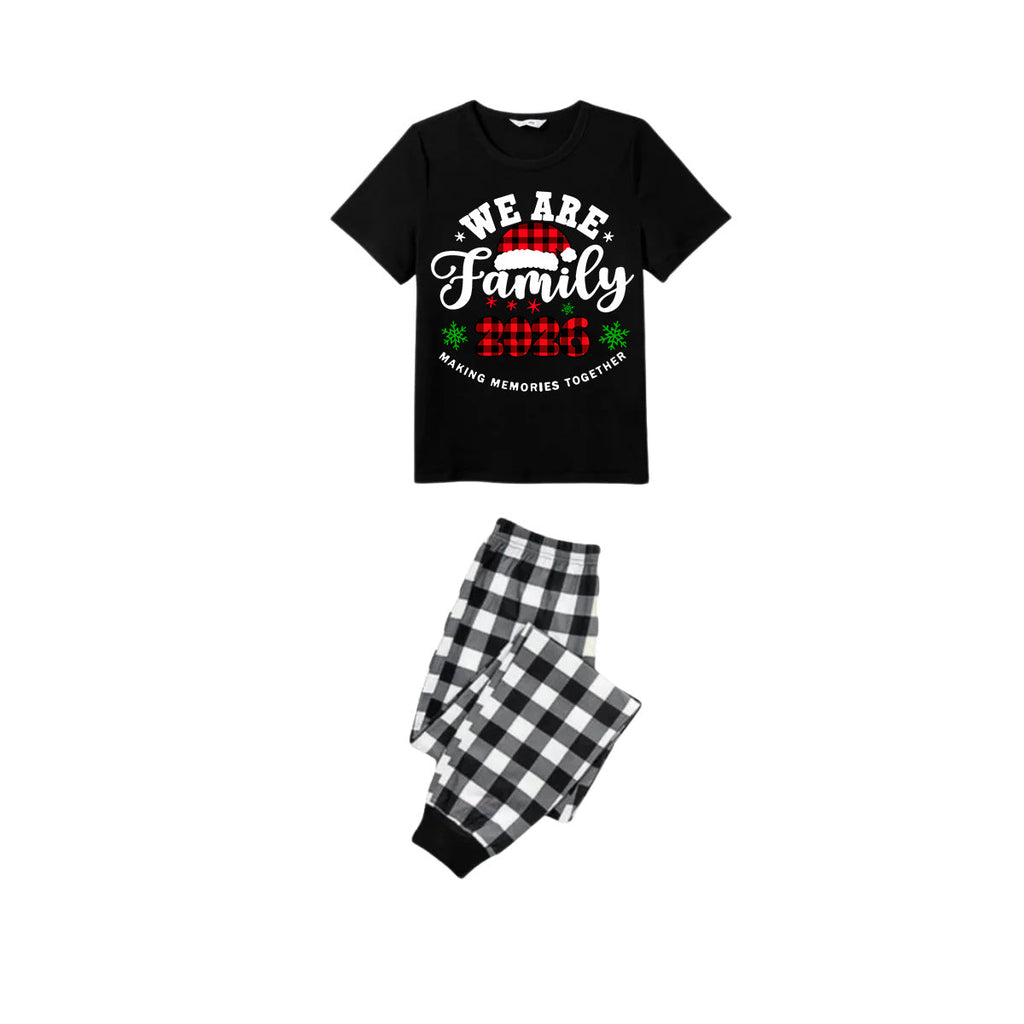 2026 Merry Christmas Family Pajamas Set - Black Top Black and White Plaid Pants White Text Graphic