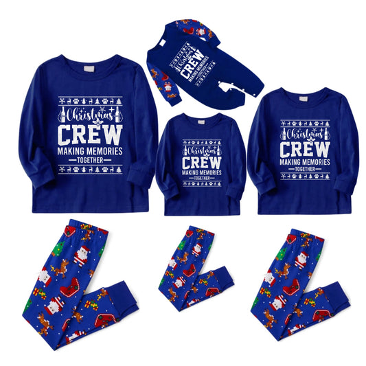 Christmas Family Matching Pajamas-Cozy Blue Pjs Set with "Christmas Crew Making Memories Together"  and Christmas Pattern Print