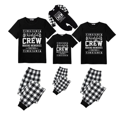 Black and White Plaid Short Sleeve Christmas Pajamas Set With Holiday Quotes Print