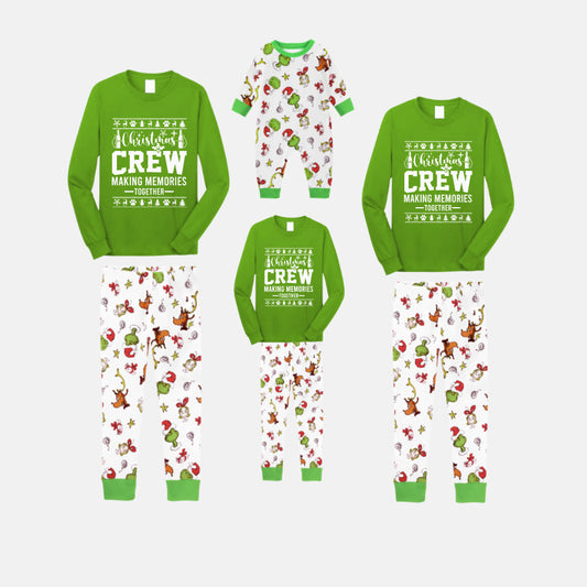 Christmas Family Matching Pajamas-Green Top and Grinch Pants Pjs Set with "Christmas Crew Making Memories Together" and Christmas Pattern Print
