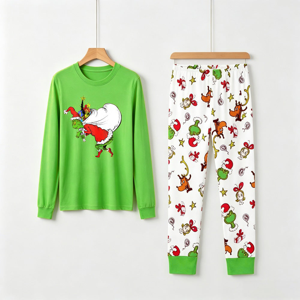 Grinch Carrying Santa Sack Family Christmas Pajamas Set with Gift Graphic Top and Print Pants