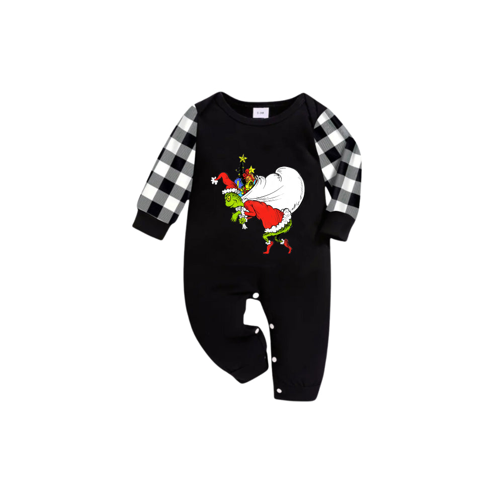 Black and White Plaid Short Sleeve Christmas Pajamas Set with Funny Grinch Patterns