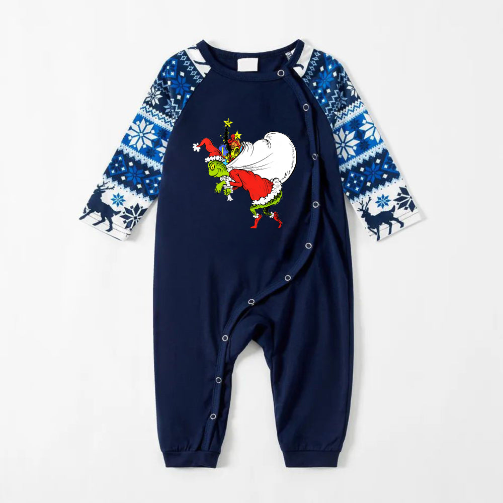 Joyful Blue Christmas Pajamas Set with Funny Grinch Designs