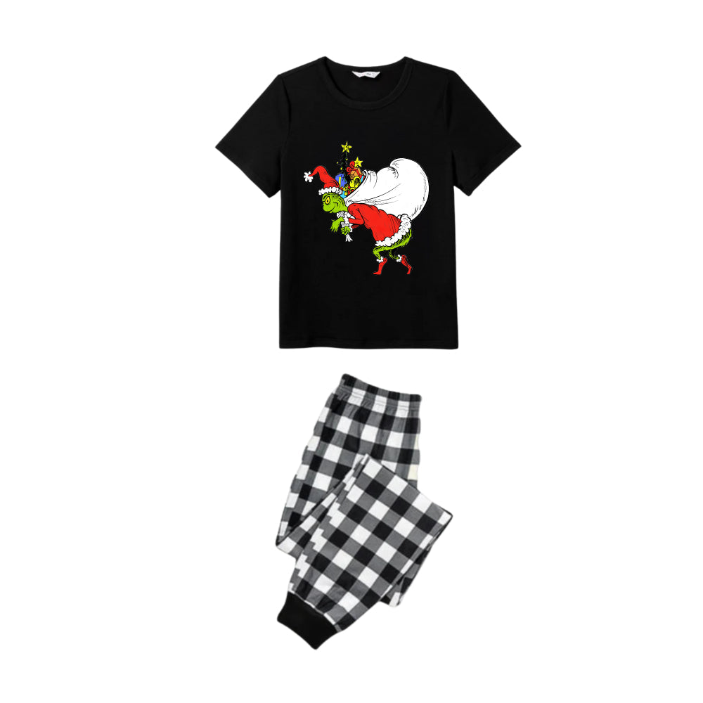 Black and White Plaid Short Sleeve Christmas Pajamas Set with Funny Grinch Patterns