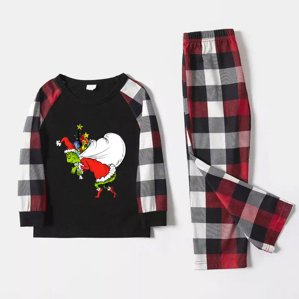 Christmas Family Matching Pajamas-Red and Gray Plaid Pjs set with Funny Grinch Print