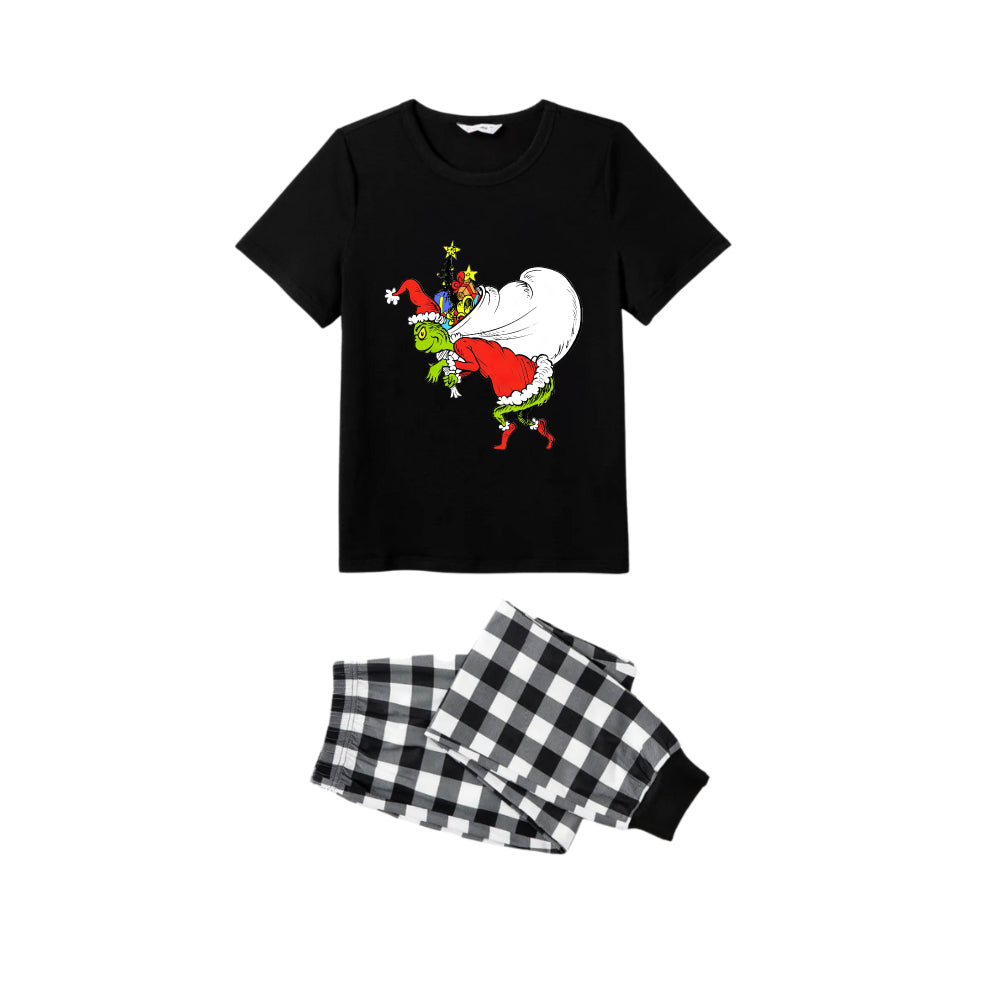 Black and White Plaid Short Sleeve Christmas Pajamas Set with Funny Grinch Patterns