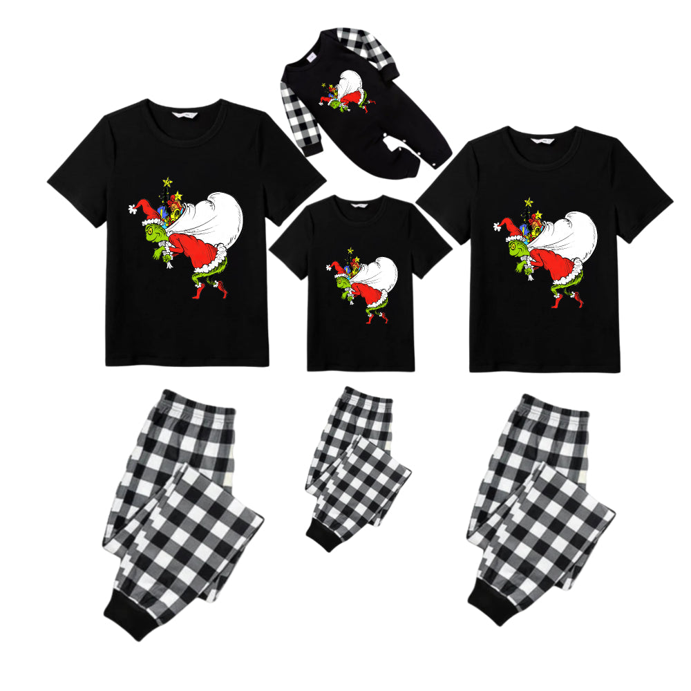 Black and White Plaid Short Sleeve Christmas Pajamas Set with Funny Grinch Patterns