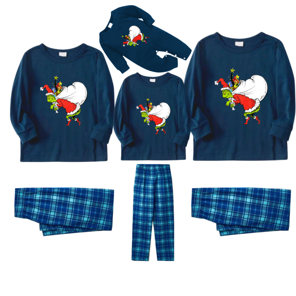 Christmas Family Matching Pajamas-Navy & Sky Blue Plaid Pjs Set with Funny Grinch Print
