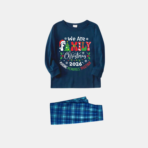 "We are Family" 2026 Christmas Wreath - Blue Long Sleeve Top With Blue Plaid Family Matching Pajamas