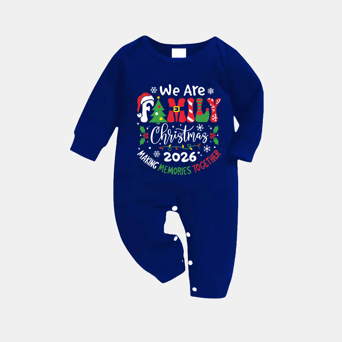 "We are Family 2026 Christmas Make Memories Together" Slogan Print Blue Long Sleeve with Versatile Blue and White Plaid Pants Family Matching Pajamas