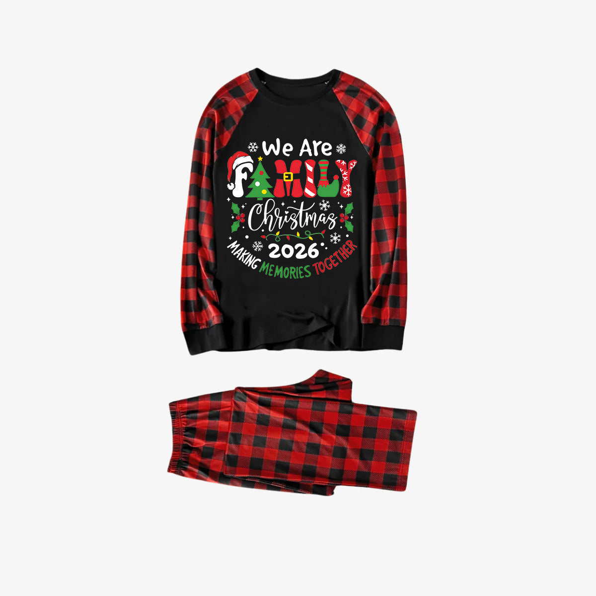 "We are Family 2026 Christmas Make Memories Together" Slogan Print Black & Red Plaid Family Matching Black Pajamas