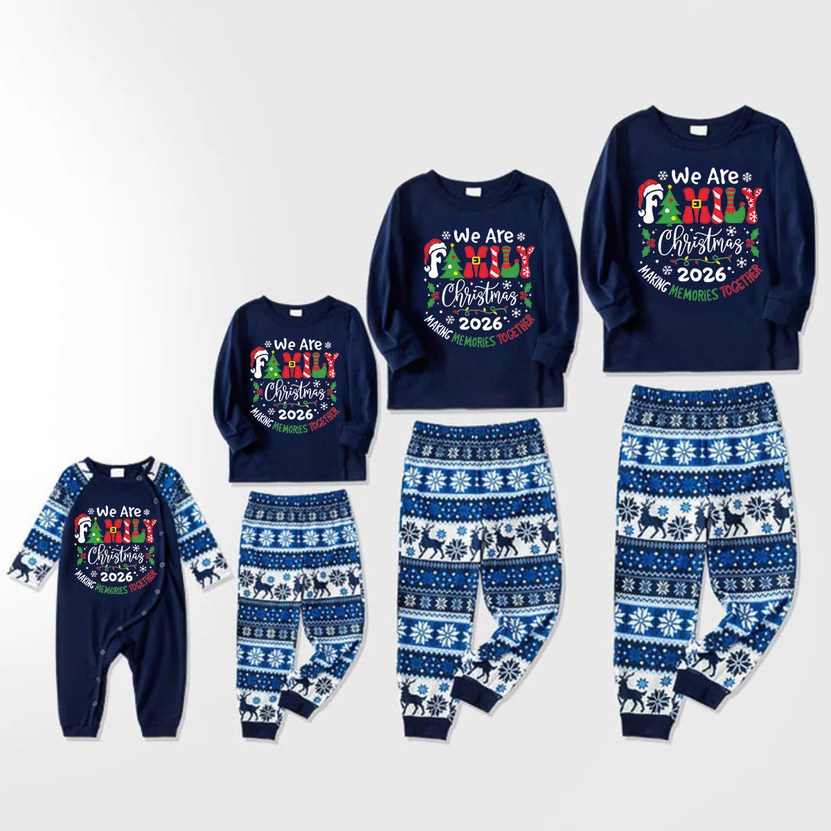 "We are Family 2026 Christmas Make Memories Together" Slogan Print Blue Long Sleeve With Blue Floral Pants Family Matching Pajamas Sets