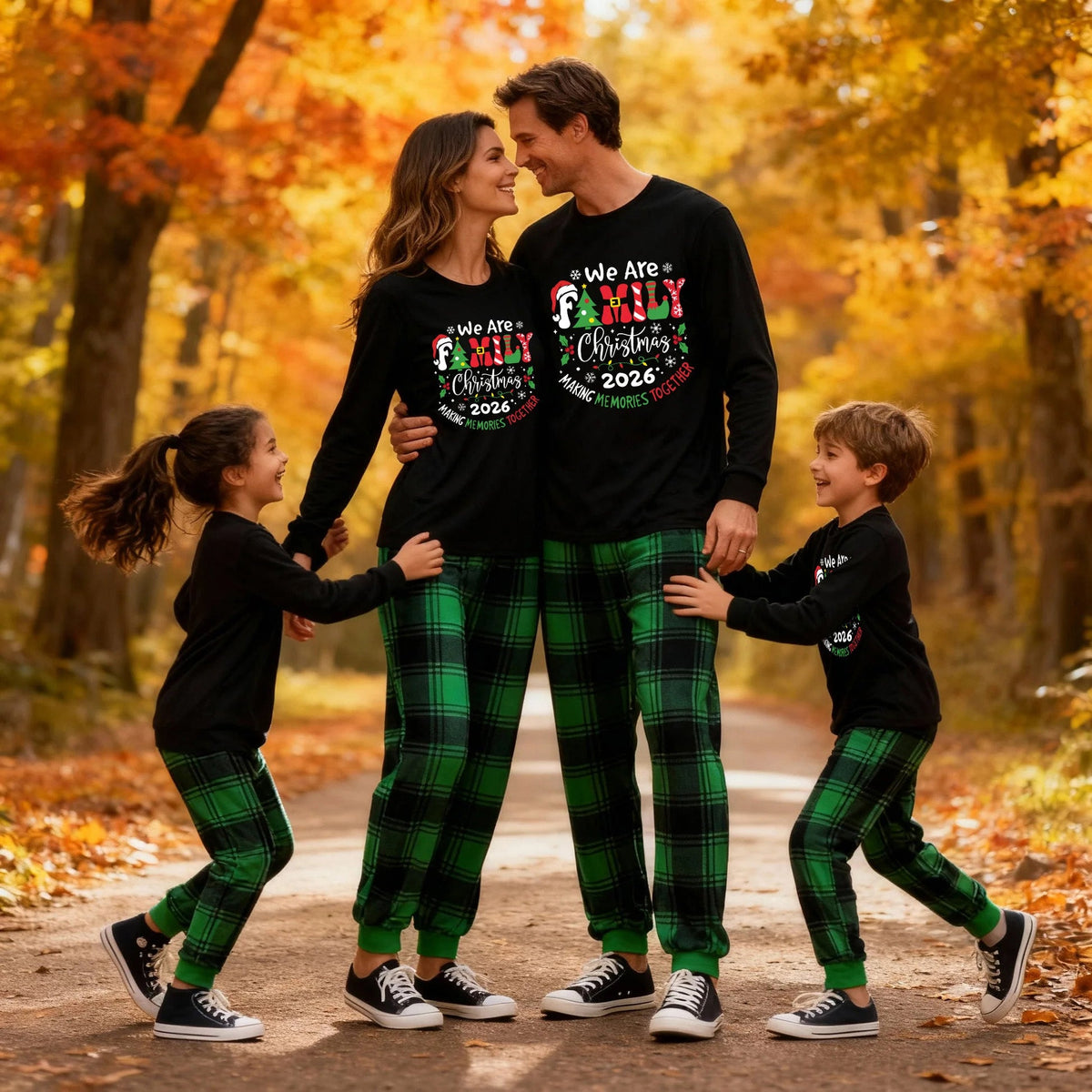 "We are Family" 2026 Christmas Wreath - Black Long Sleeve Top with Black And Green Plaid Pants Family Matching Pajamas