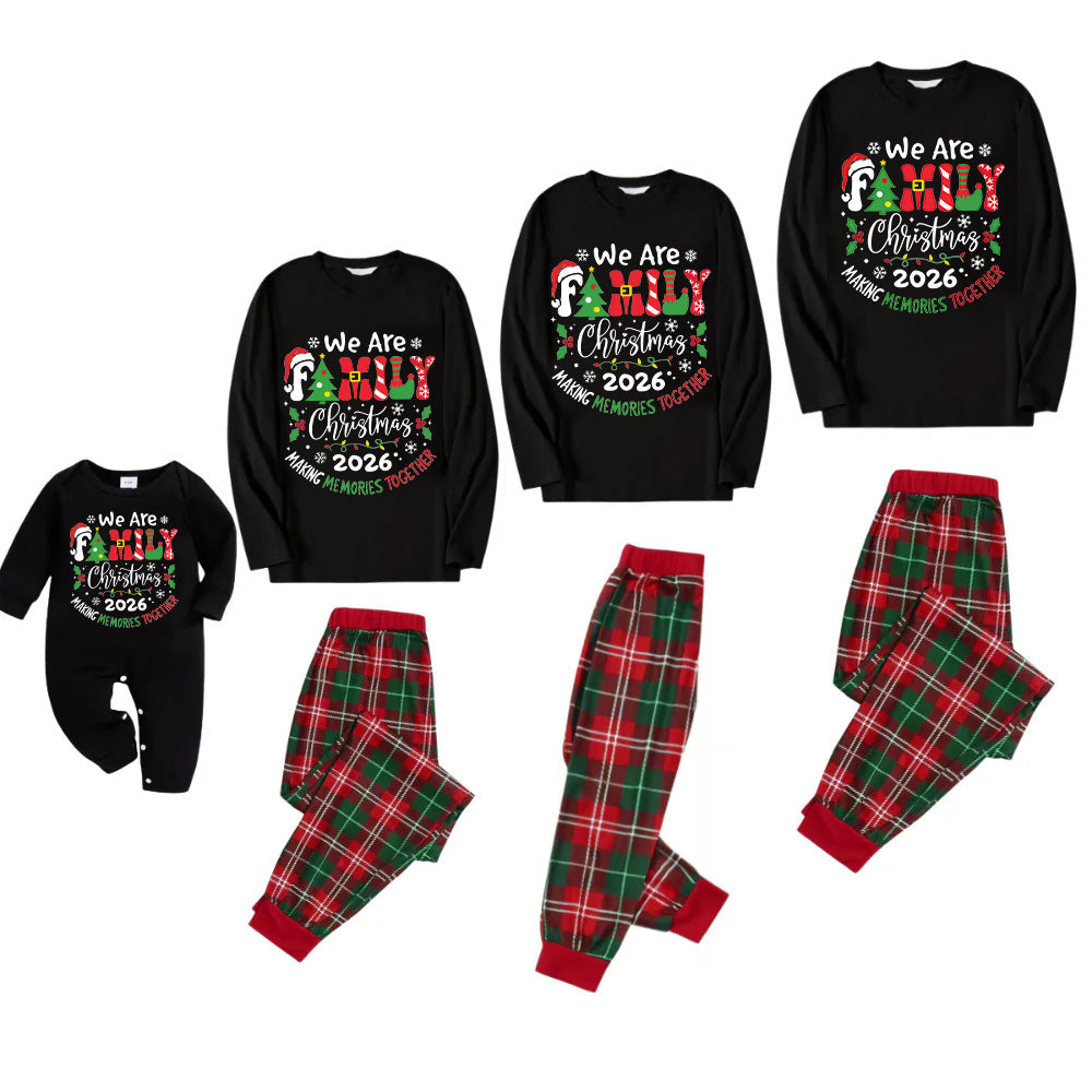 "We are Family" 2026 Christmas Wreath - Black Top with Red & Green Plaid Pants Family Matching Pajama
