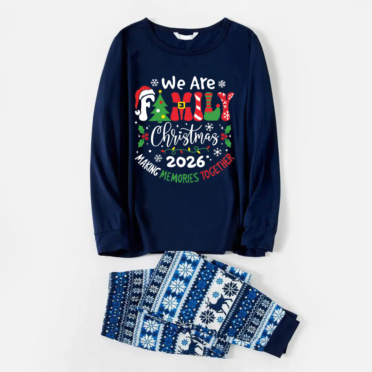"We are Family 2026 Christmas Make Memories Together" Slogan Print Blue Long Sleeve With Blue Floral Pants Family Matching Pajamas Sets