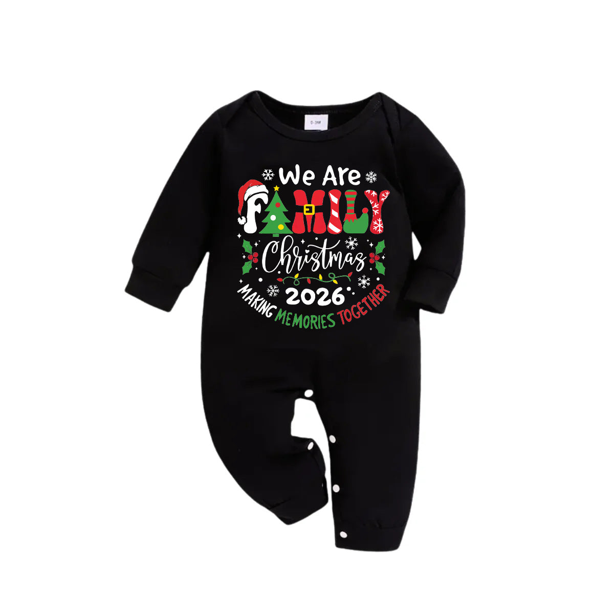 "We are Family" 2026 Christmas Wreath - Black Long Sleeve Top with Black And Green Plaid Pants Family Matching Pajamas