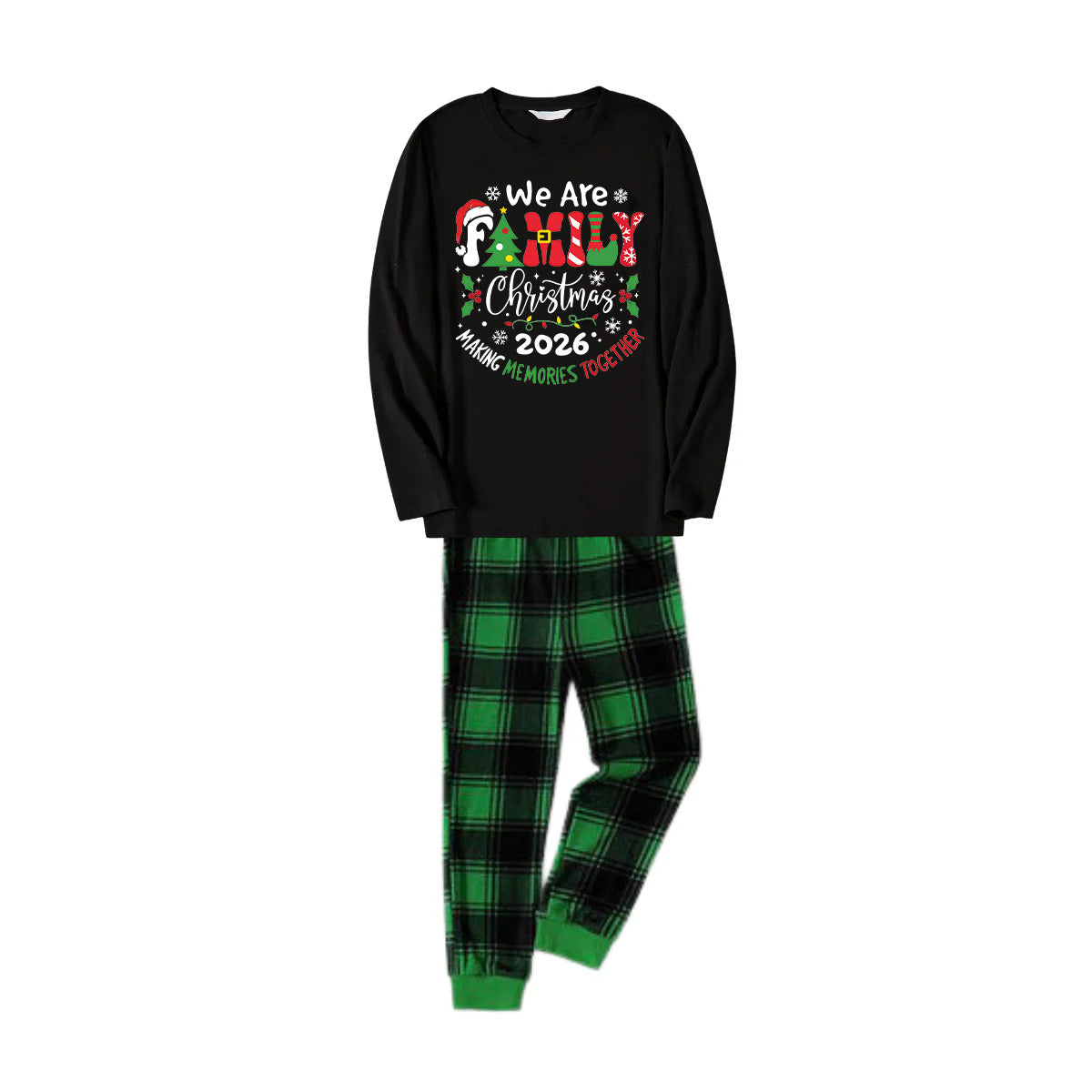 "We are Family" 2026 Christmas Wreath - Black Long Sleeve Top with Black And Green Plaid Pants Family Matching Pajamas
