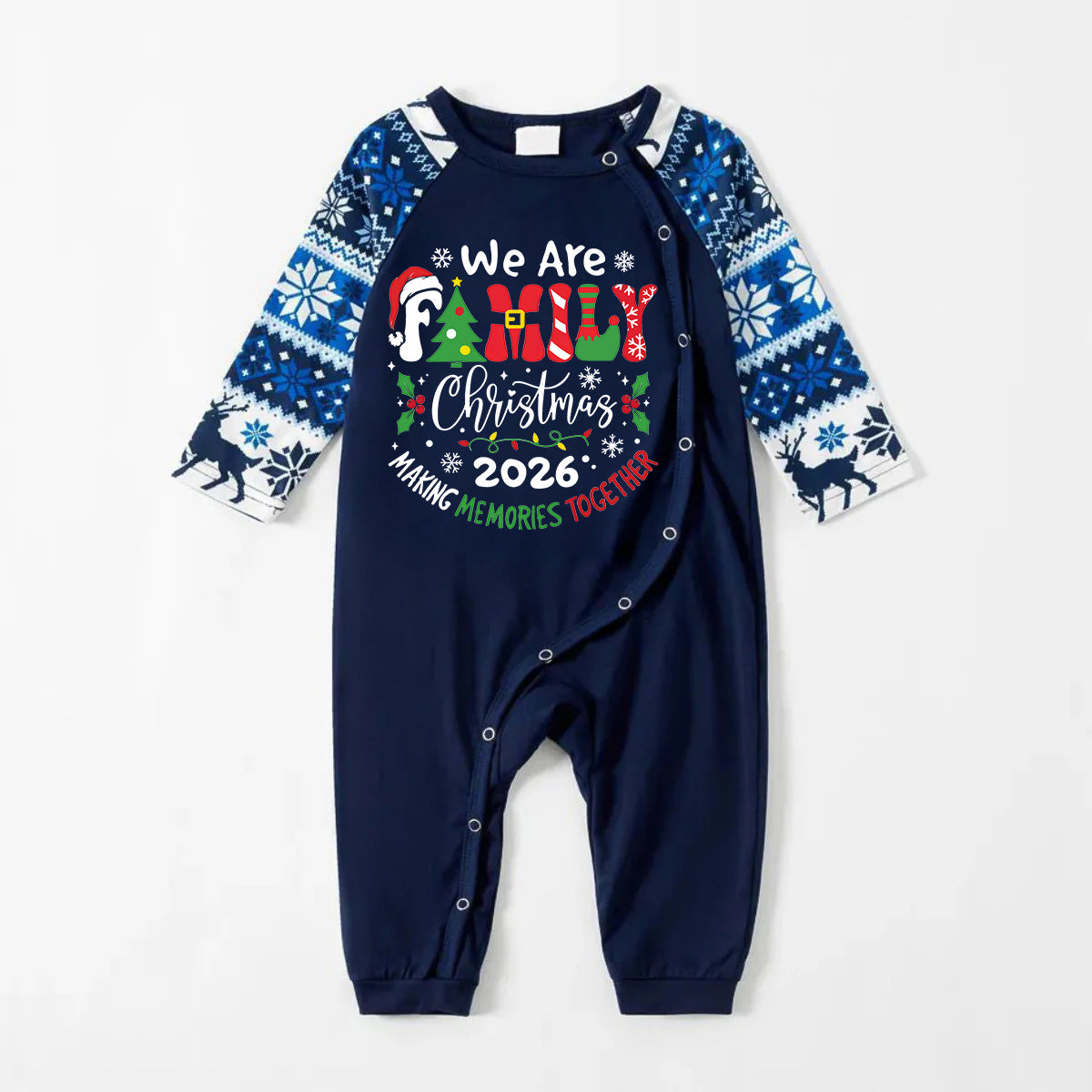 "We are Family 2026 Christmas Make Memories Together" Slogan Print Blue Long Sleeve With Blue Floral Pants Family Matching Pajamas Sets