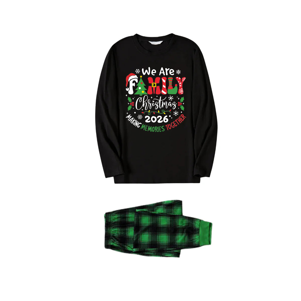 "We are Family" 2026 Christmas Wreath - Black Long Sleeve Top with Black And Green Plaid Pants Family Matching Pajamas