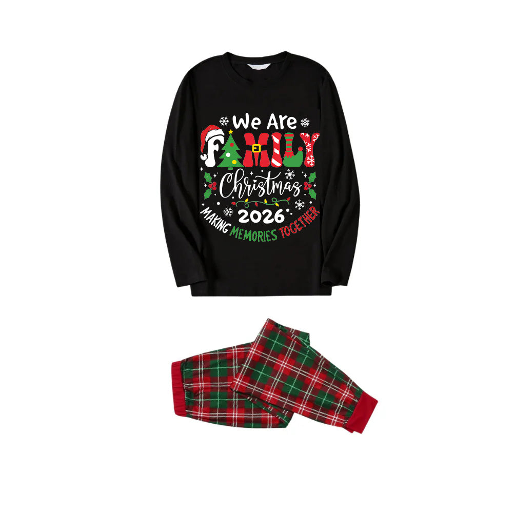 "We are Family" 2026 Christmas Wreath - Black Top with Red & Green Plaid Pants Family Matching Pajama