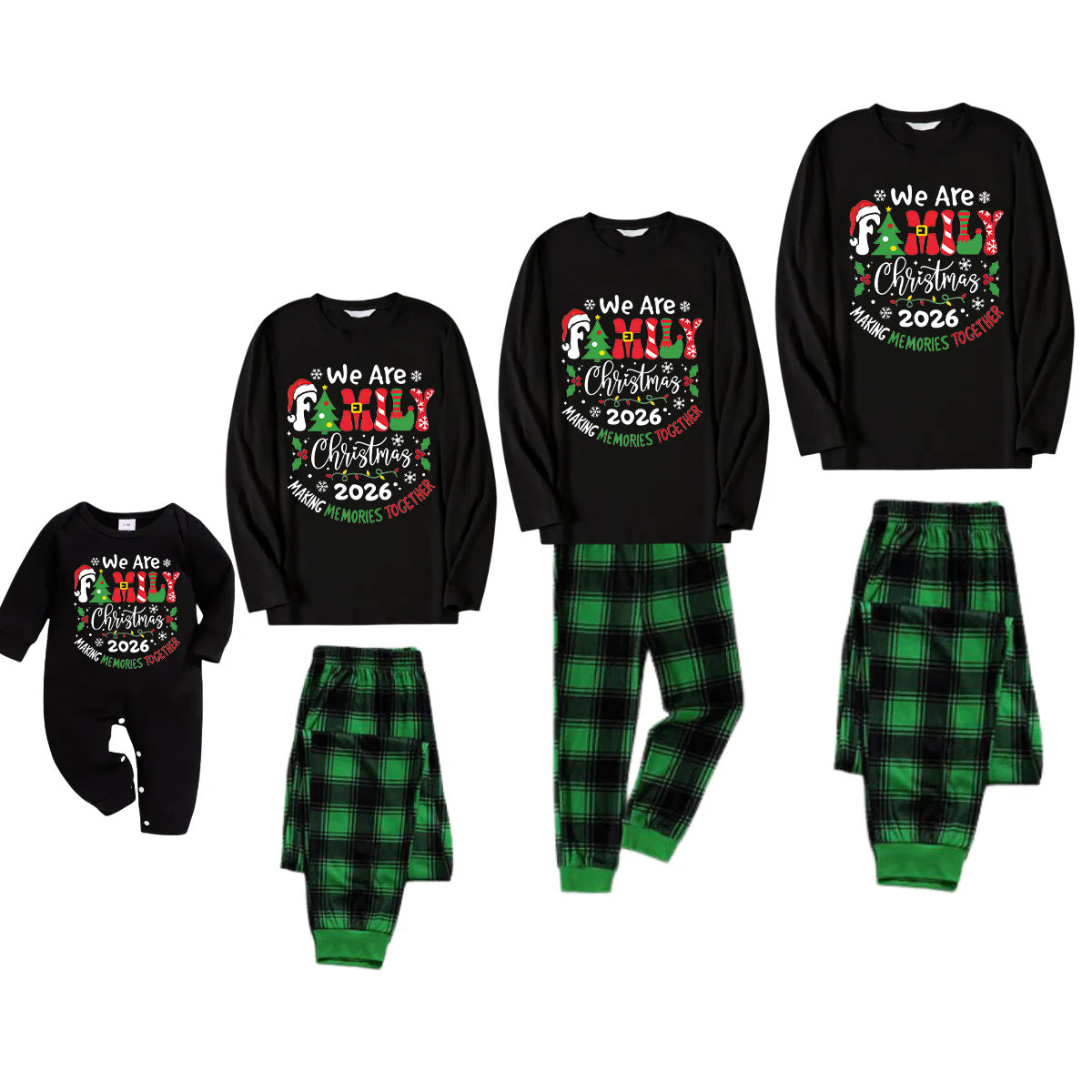 "We are Family" 2026 Christmas Wreath - Black Long Sleeve Top with Black And Green Plaid Pants Family Matching Pajamas