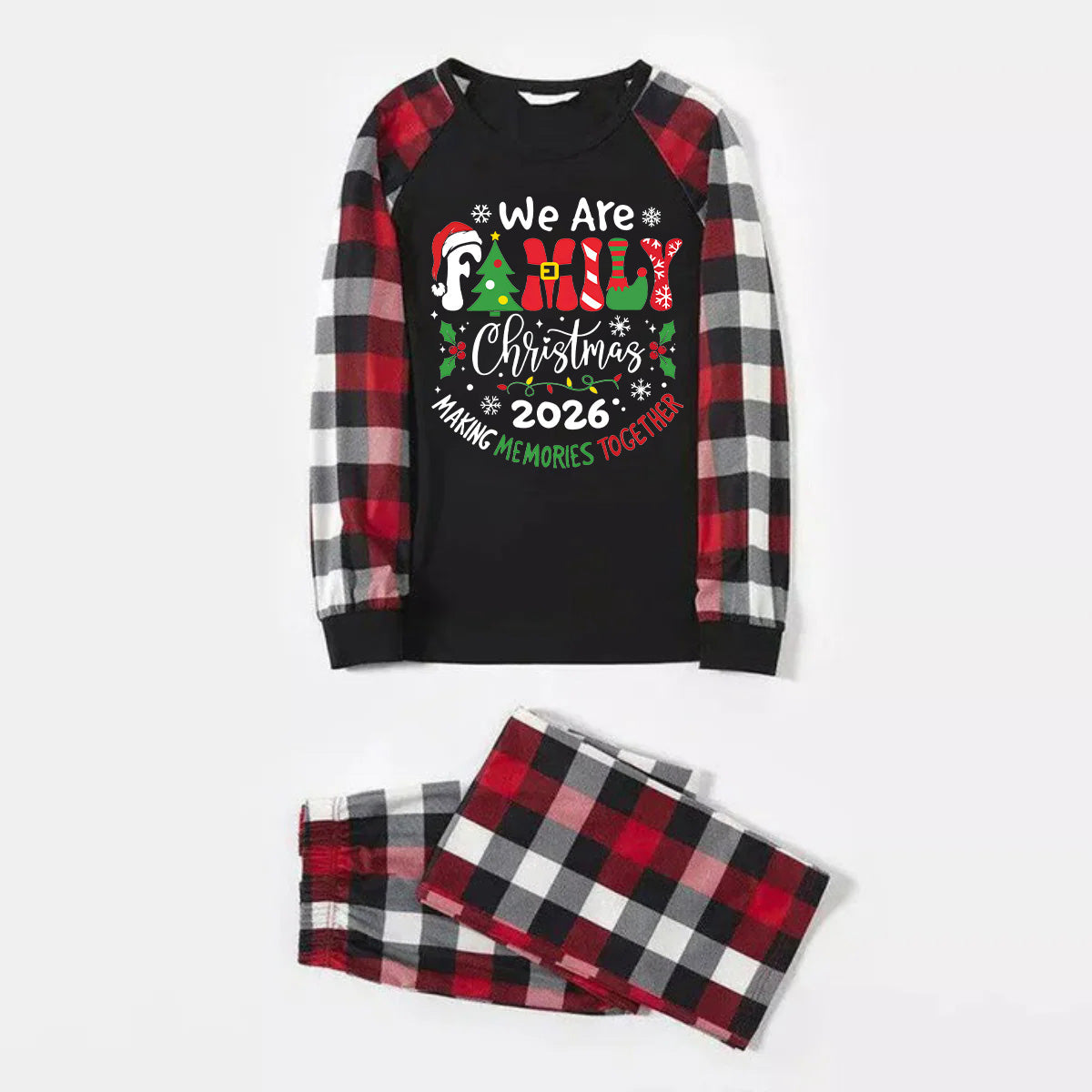 "We are Family 2026 Christmas Make Memories Together" Slogan Print Black Top With Red & Black & Grey & White Plaid Family Matching Pajamas