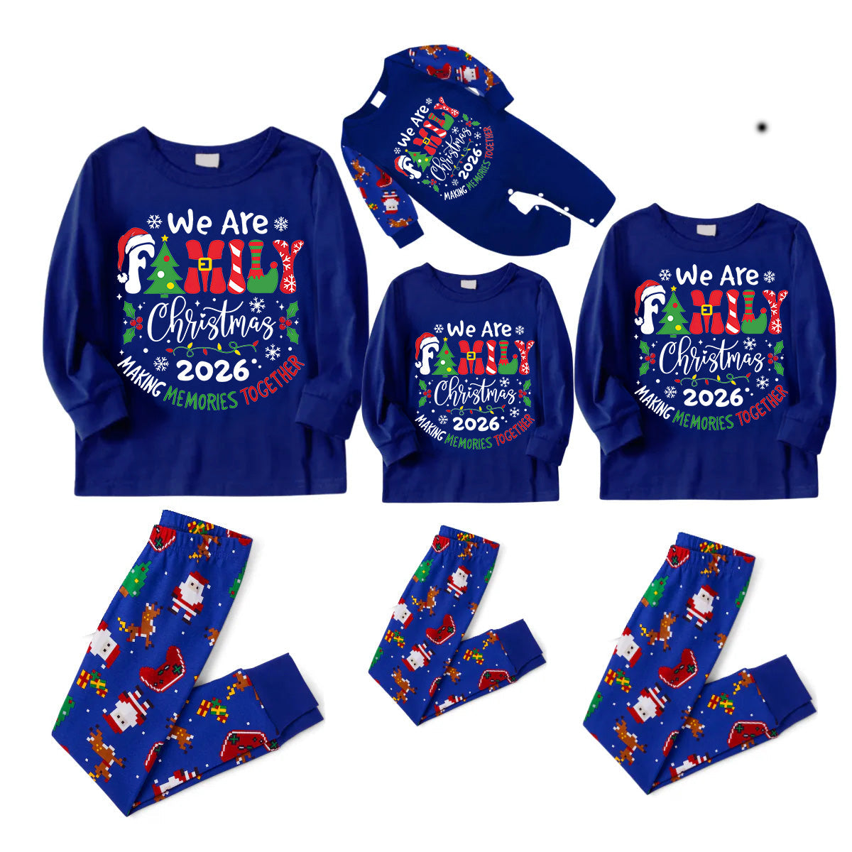 We Are Family Christmas 2026 Making Memories Family Pajamas Set - Blue Top, Blue Pants, Blue Christmas Cartoon Sleeves