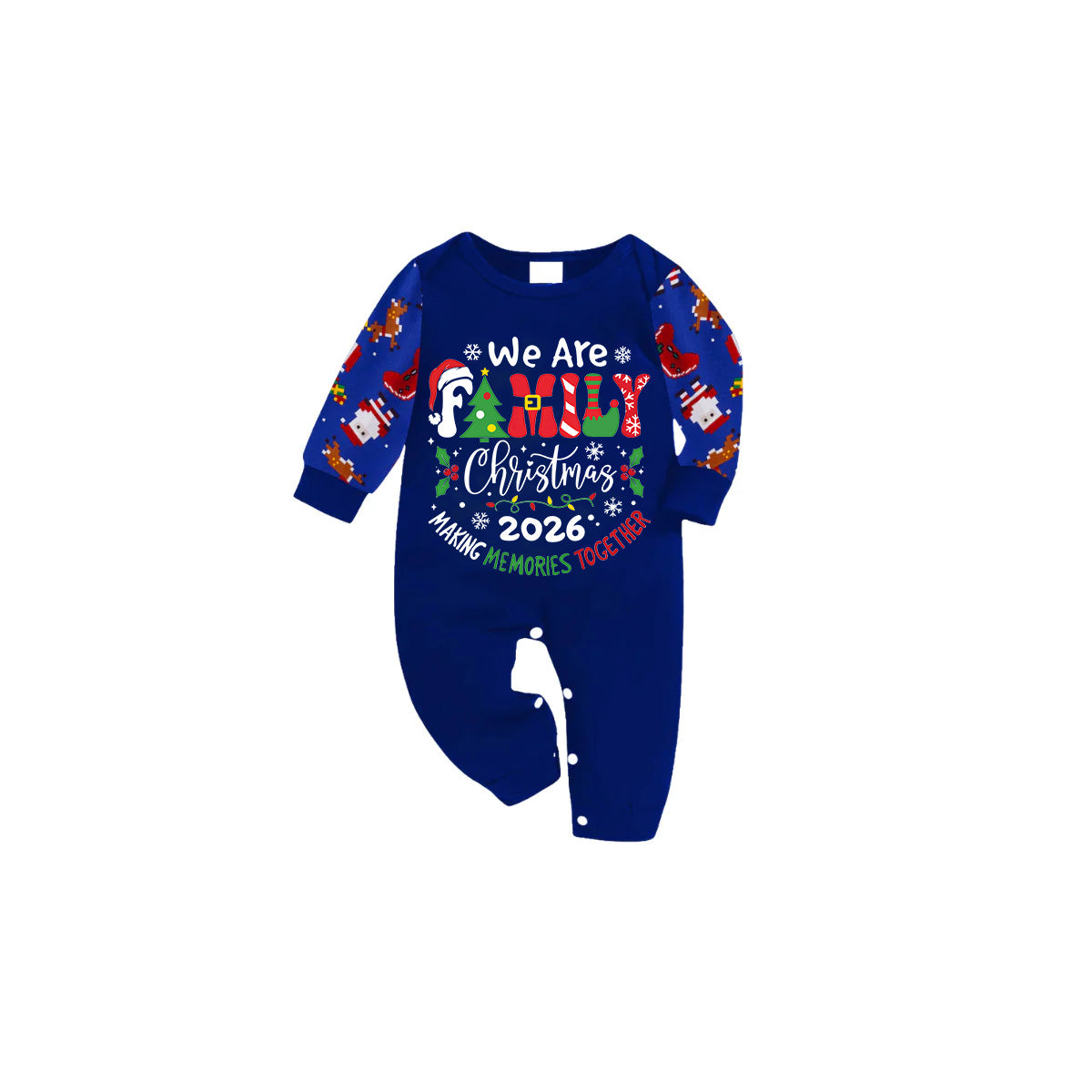 We Are Family Christmas 2026 Making Memories Family Pajamas Set - Blue Top, Blue Pants, Blue Christmas Cartoon Sleeves