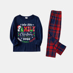 "We are Family" 2026 Christmas Wreath - Blue Long Sleeve Top with Blue & Red Plaid Family Matching Pajamas
