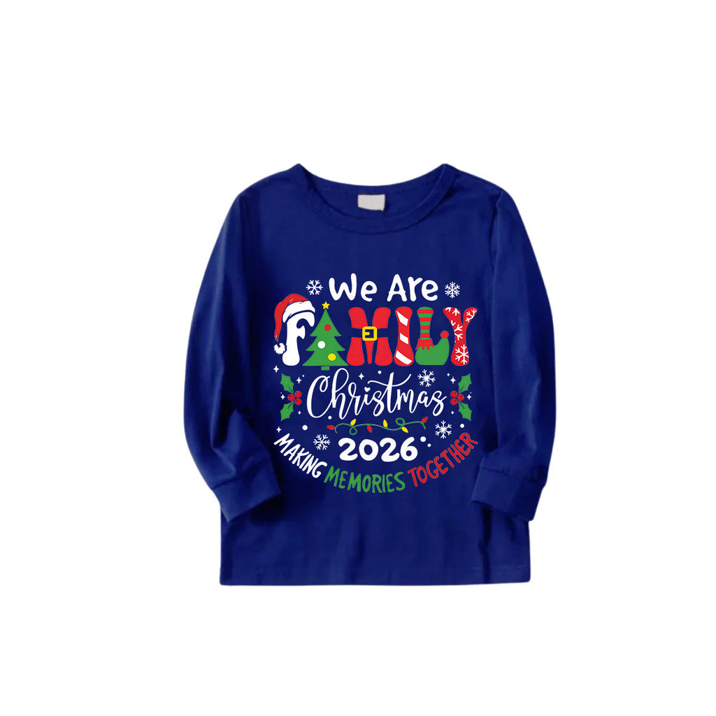 We Are Family Christmas 2026 Making Memories Family Pajamas Set - Blue Top, Blue Pants, Blue Christmas Cartoon Sleeves