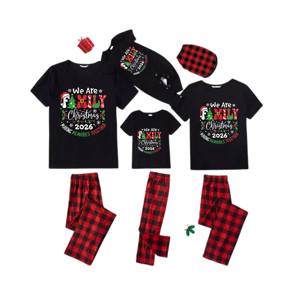 We Are Family Christmas 2026 Family Pajamas Set - Black Top Red Pants Red Plaid Pattern Christmas Letter Print