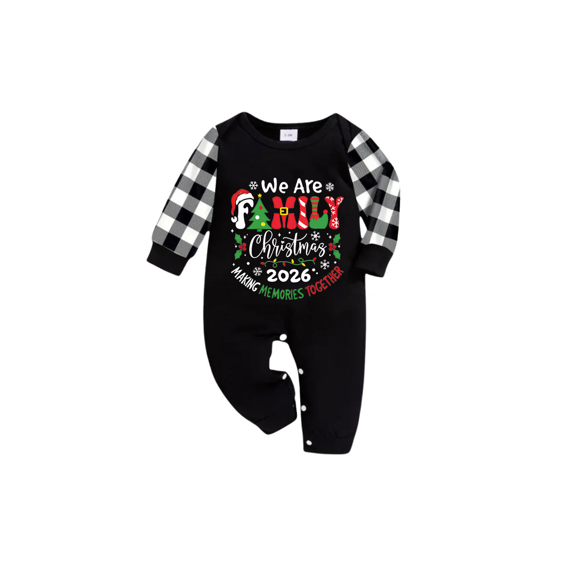We Are Family Making Memories Together Christmas 2026 Pajamas Set - Black Top Black and White Plaid Pants Colorful Text Graphic